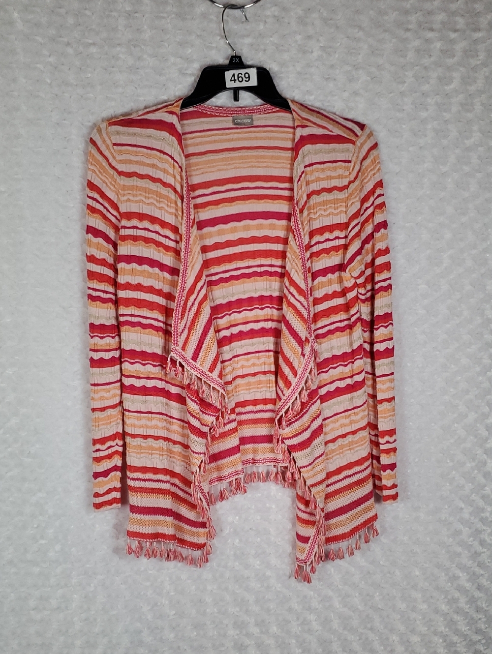 Chico's Striped Open-Front Fringe Cardigan — Pink, Cream & Orange chicos 1 us M